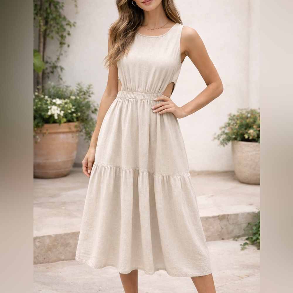 Sincerely Jules Women's XS Cream Linen Blend Tiered Midi Dress Cutout Back Tie